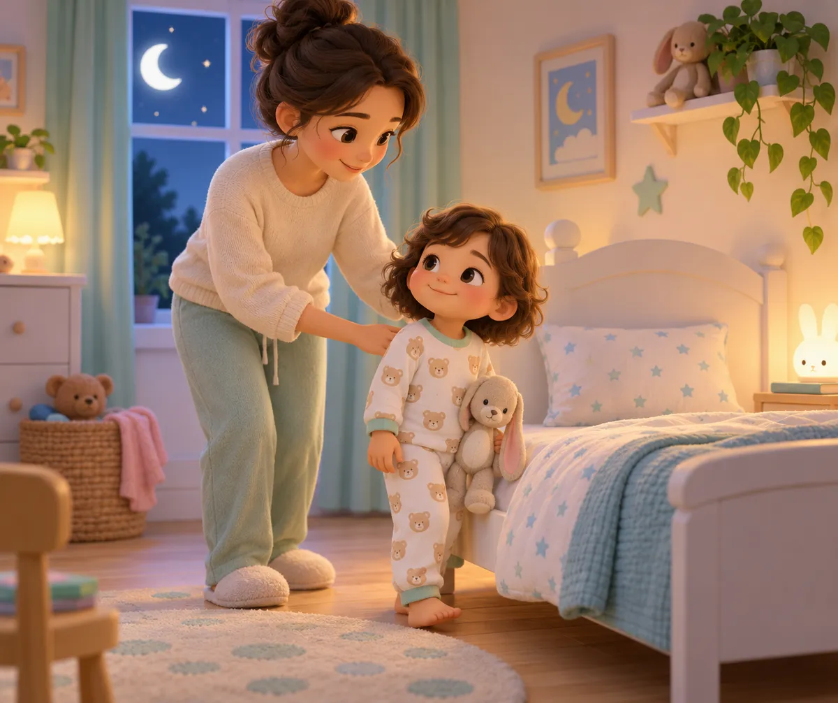 Une mère accompagne son enfant en pyjama, tenant un doudou, près de son lit dans une chambre d’enfant