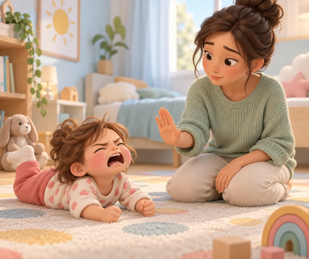 Une mère lève la main pour apaiser un enfant allongé au sol qui pleure dans une chambre