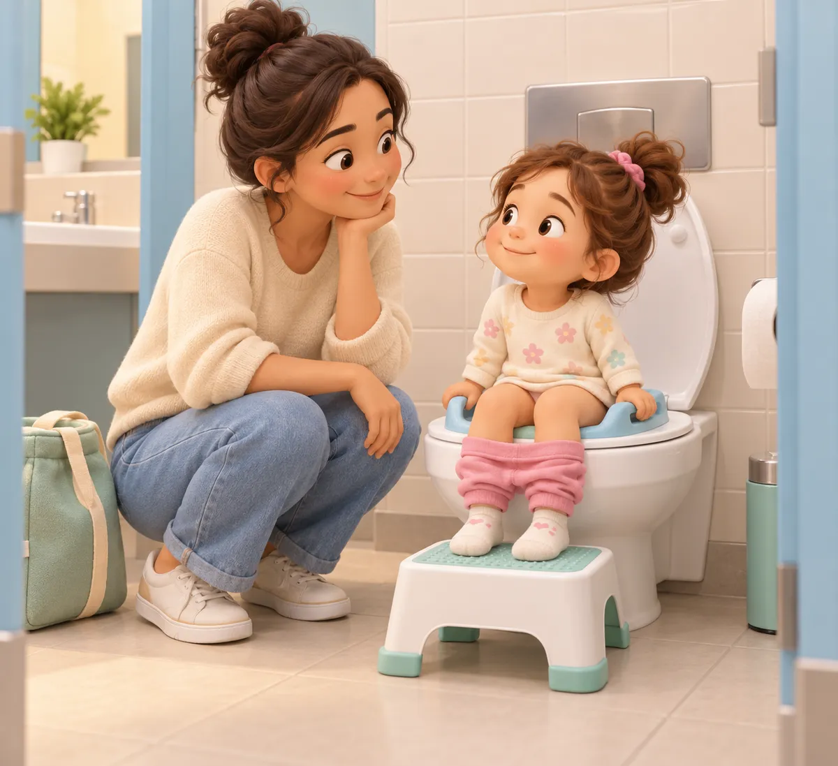 Une femme accompagne une petite fille assise sur les toilettes, avec un marchepied dans la salle de bains
