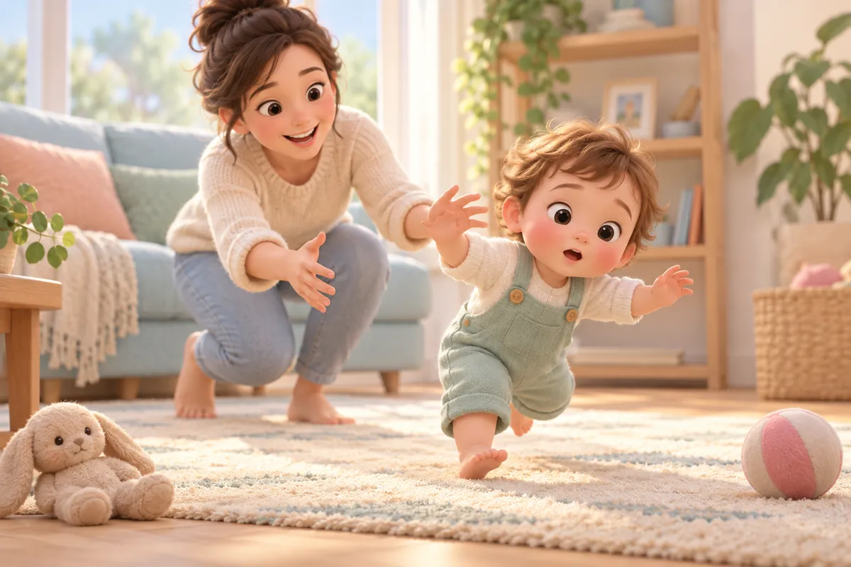 Un jeune enfant trébuche en courant sur un tapis tandis qu’un adulte tend les bras pour l’aider