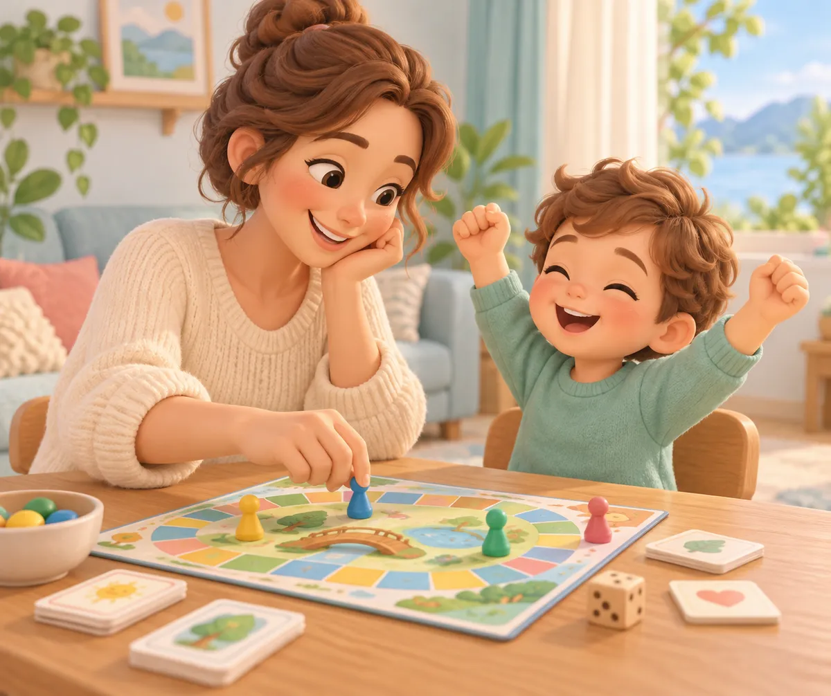 Une mère joue à un jeu de société avec son enfant, qui lève les bras en souriant dans le salon