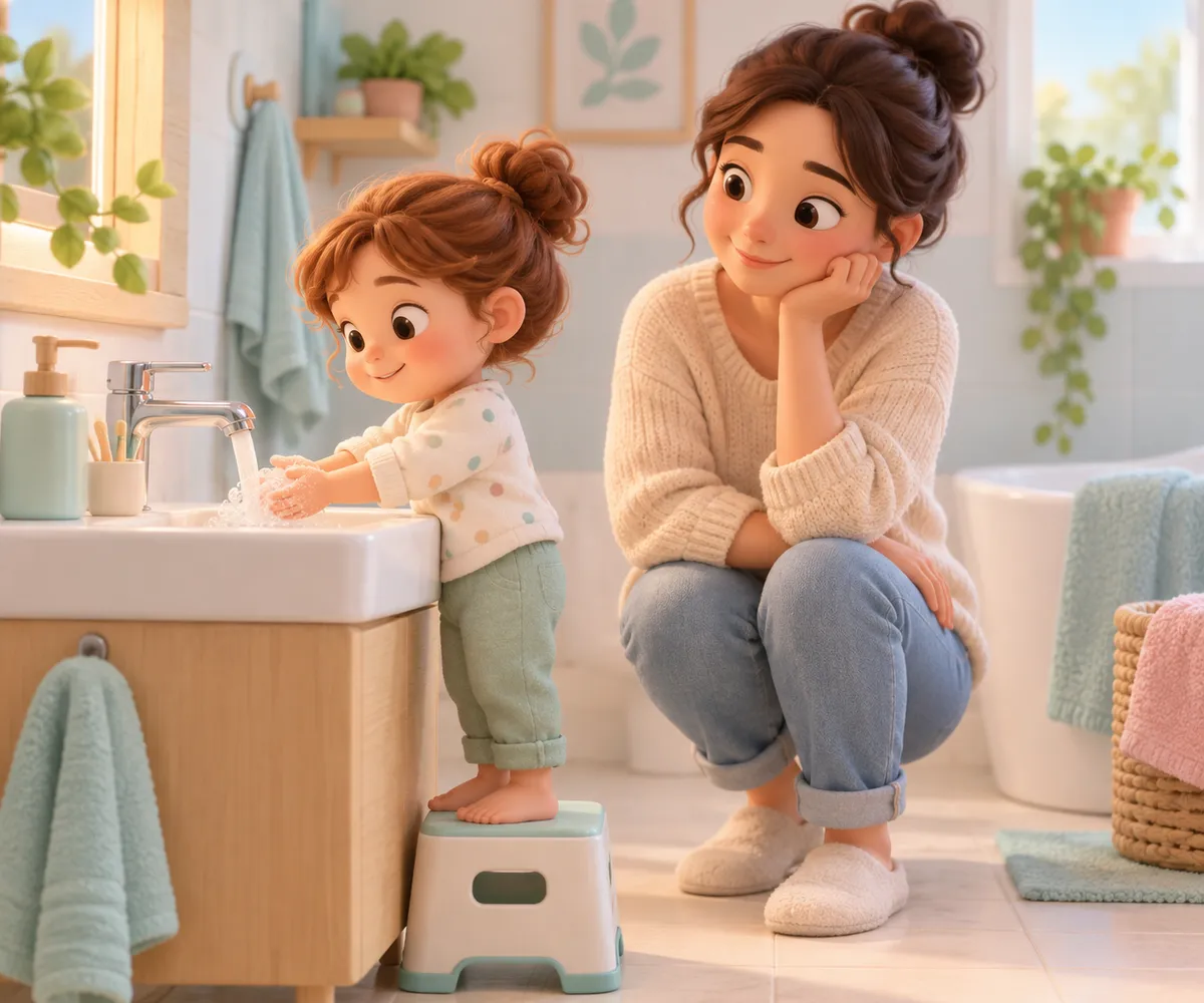 Dans la salle de bains, une enfant se lave les mains sur un marchepied sous le regard de sa mère