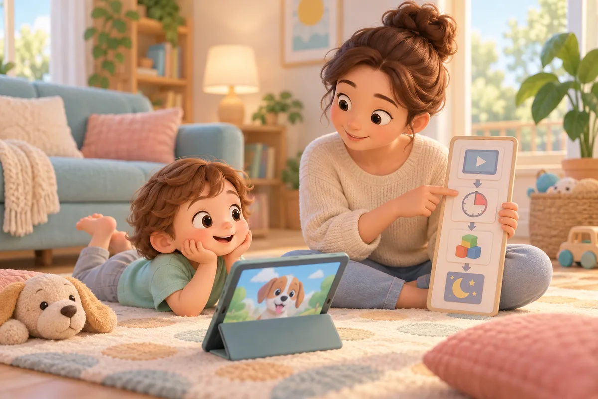 Une mère montre des pictogrammes à son enfant devant une tablette affichant une vidéo, dans le salon