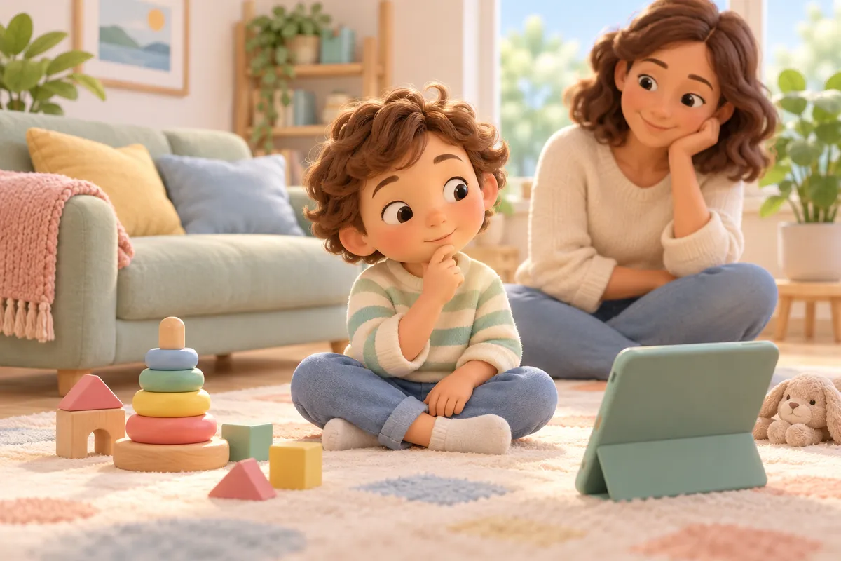 Un enfant assis sur un tapis hésite entre ses jouets et une tablette, tandis qu’une adulte l’observe