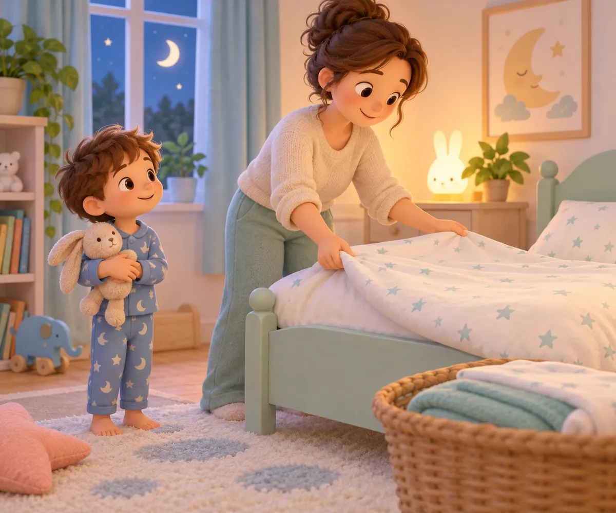 Une adulte borde un lit tandis qu’un enfant en pyjama tient un lapin en peluche dans une chambre de nuit
