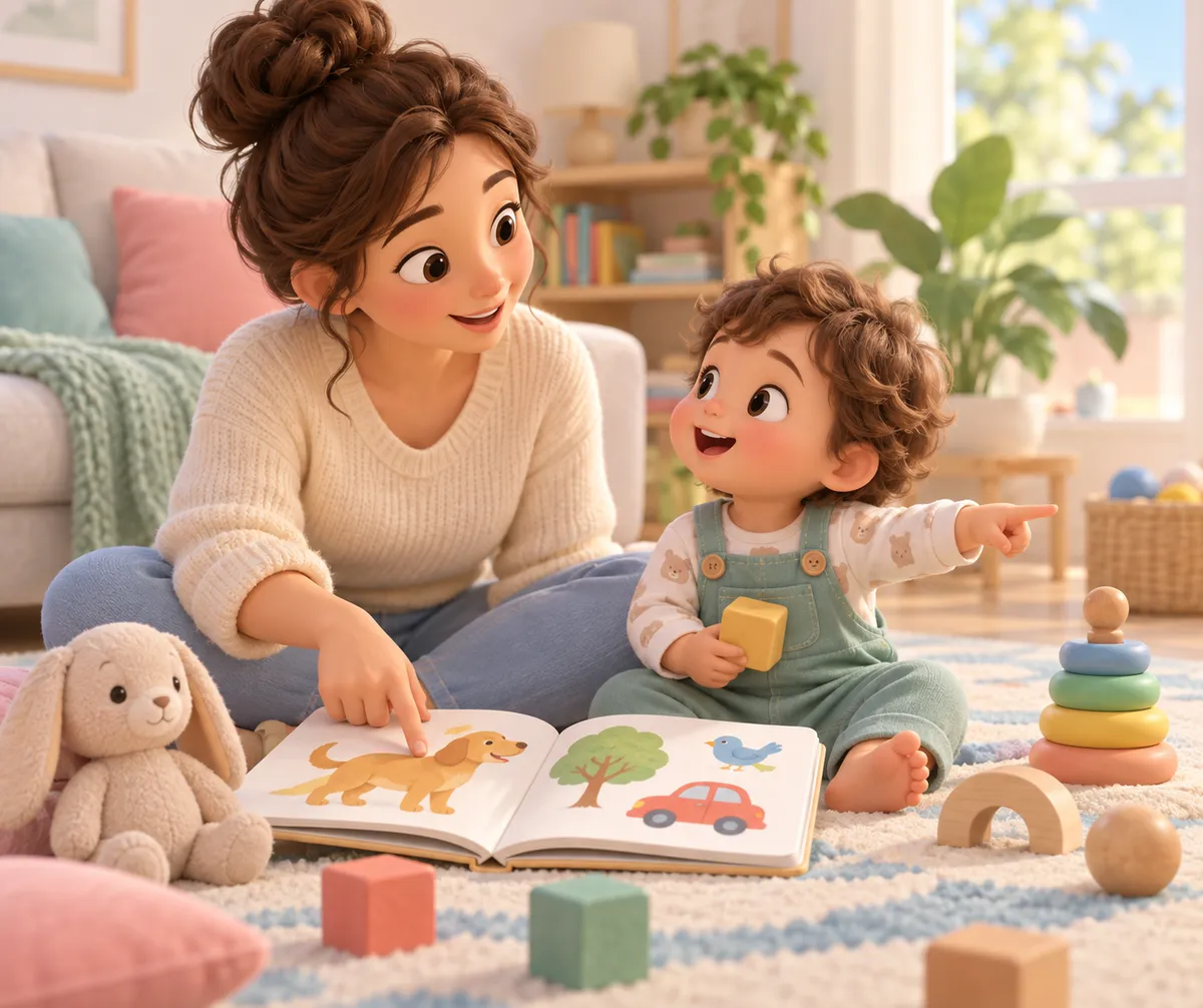Une femme lit un imagier avec un jeune enfant entouré de jouets dans un salon