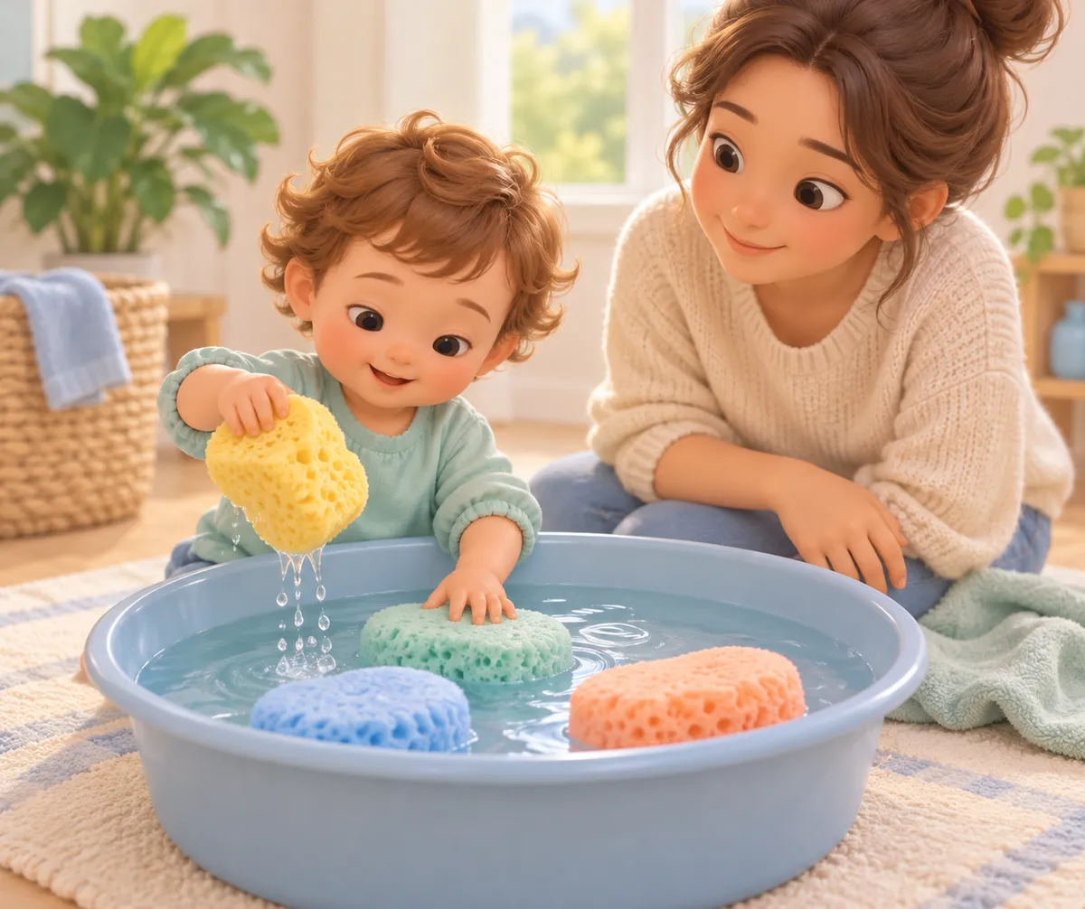 Un jeune enfant plonge une éponge jaune dans une bassine d’eau, sous le regard d’une femme