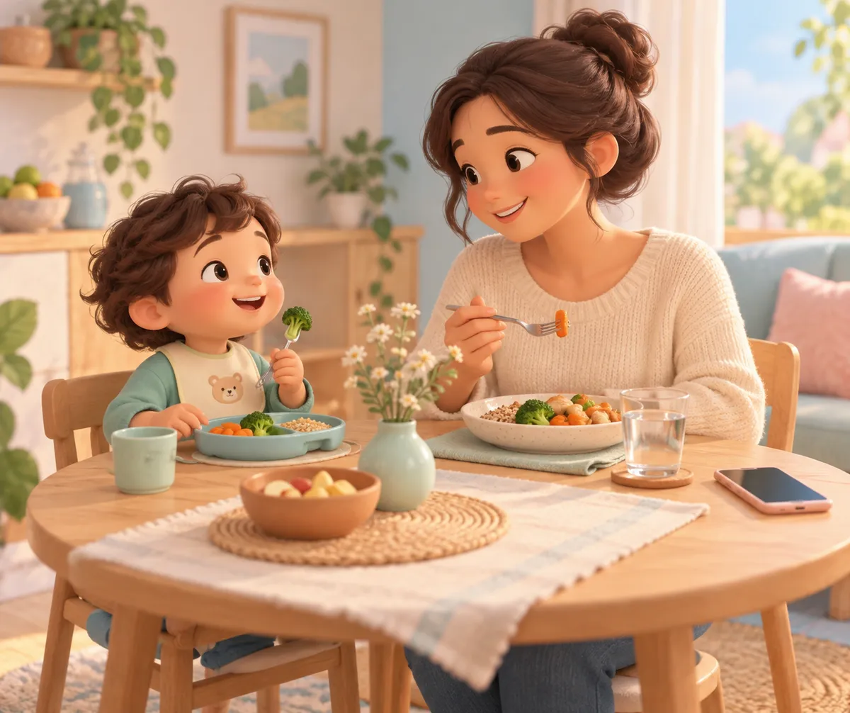 Une mère et son enfant mangent à table, avec un téléphone posé à côté des assiettes