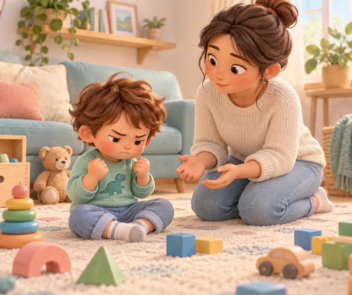 Un jeune enfant assis serre les poings tandis qu’une adulte lui tend les mains parmi des jouets au salon