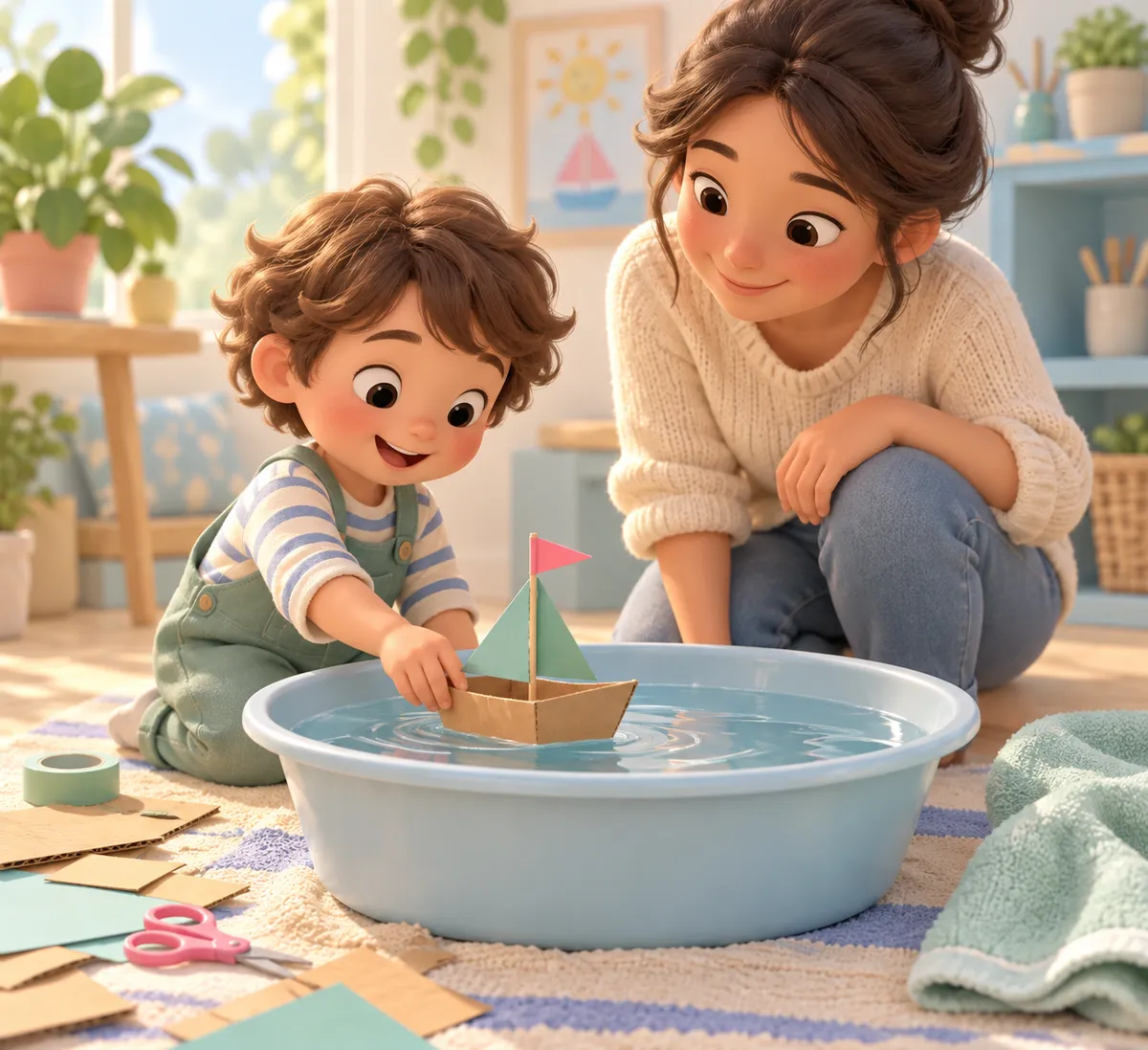 Un enfant pose un bateau en carton dans une bassine d’eau tandis qu’une adulte l’observe