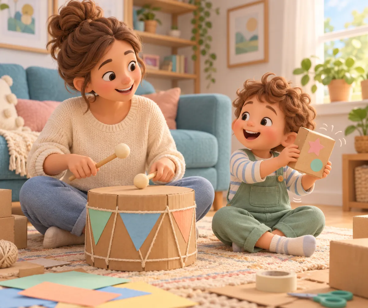 Une mère joue du tambour tandis qu’un enfant tient une boîte décorée dans un salon, entourés de matériel créatif