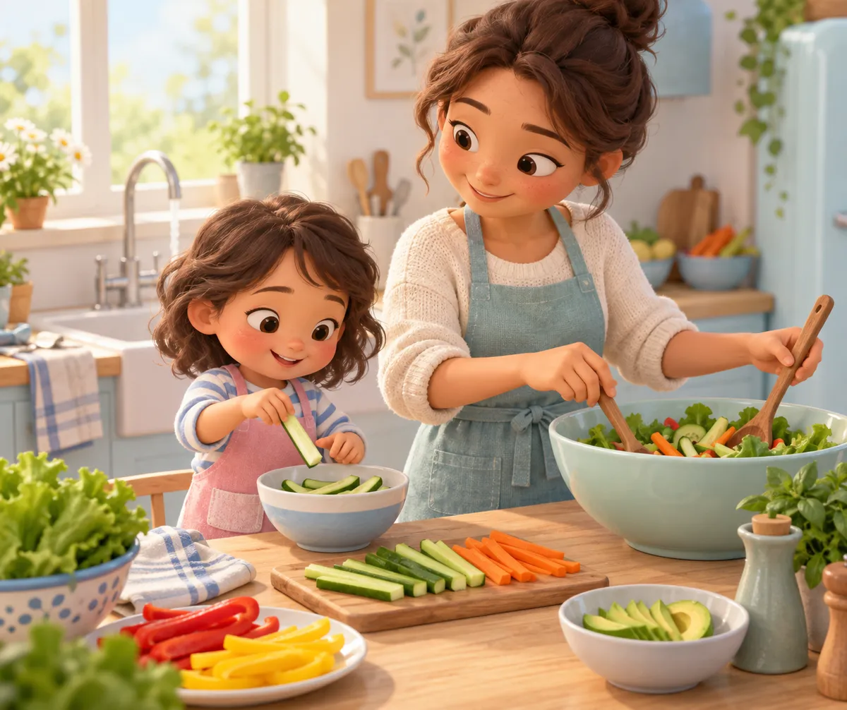 Une mère et sa fille préparent une salade avec des légumes dans une cuisine familiale