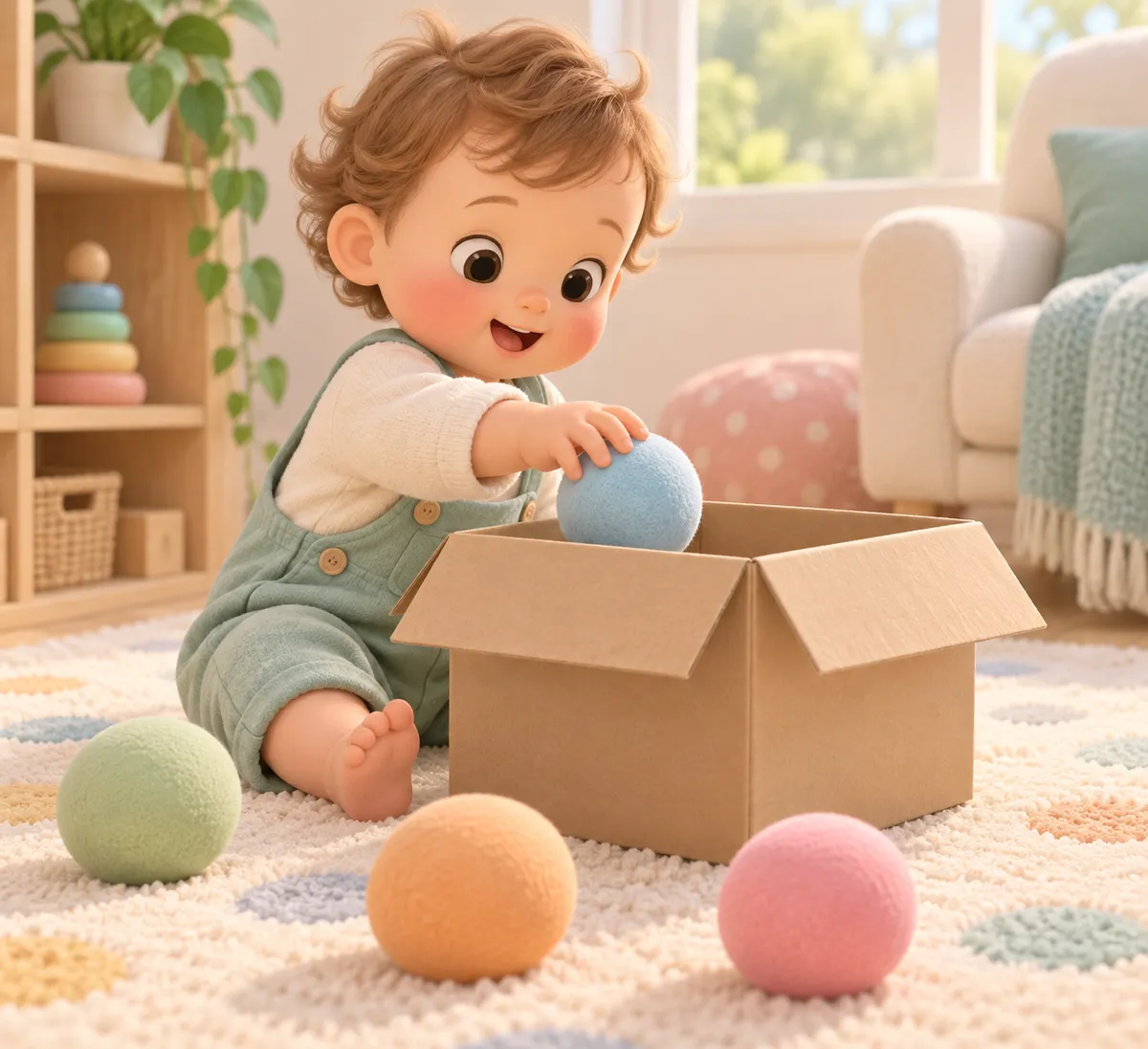 Bébé assis sur un tapis, déposant une balle bleue dans un carton entouré de balles colorées