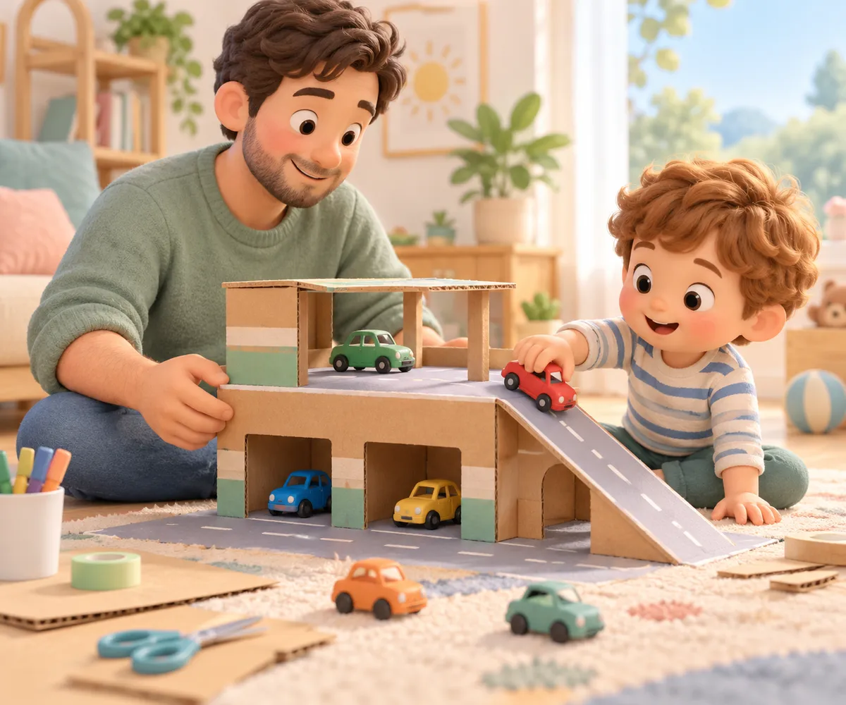 Dans un salon, un parent et un jeune enfant jouent avec un garage en carton et plusieurs petites voitures