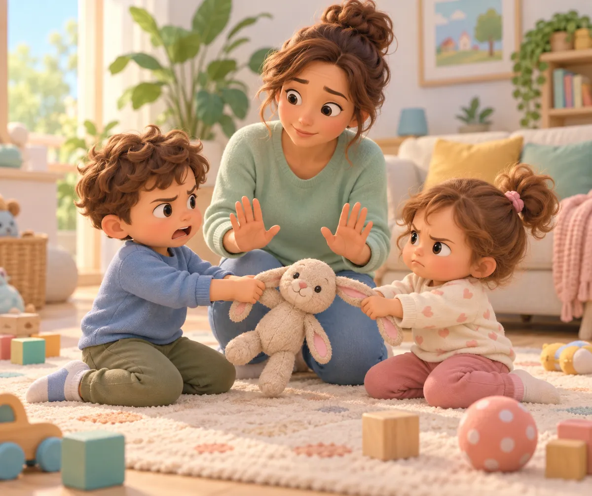 Une mère apaise deux enfants qui tirent sur un lapin en peluche dans le salon