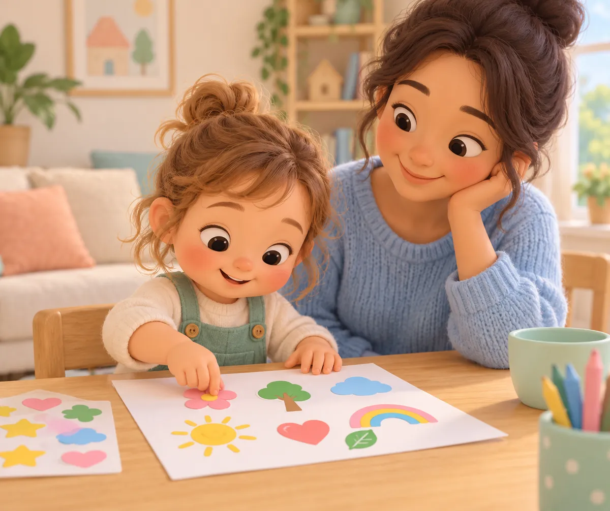 Une petite fille colle des gommettes colorées sur une feuille, accompagnée par une femme à une table