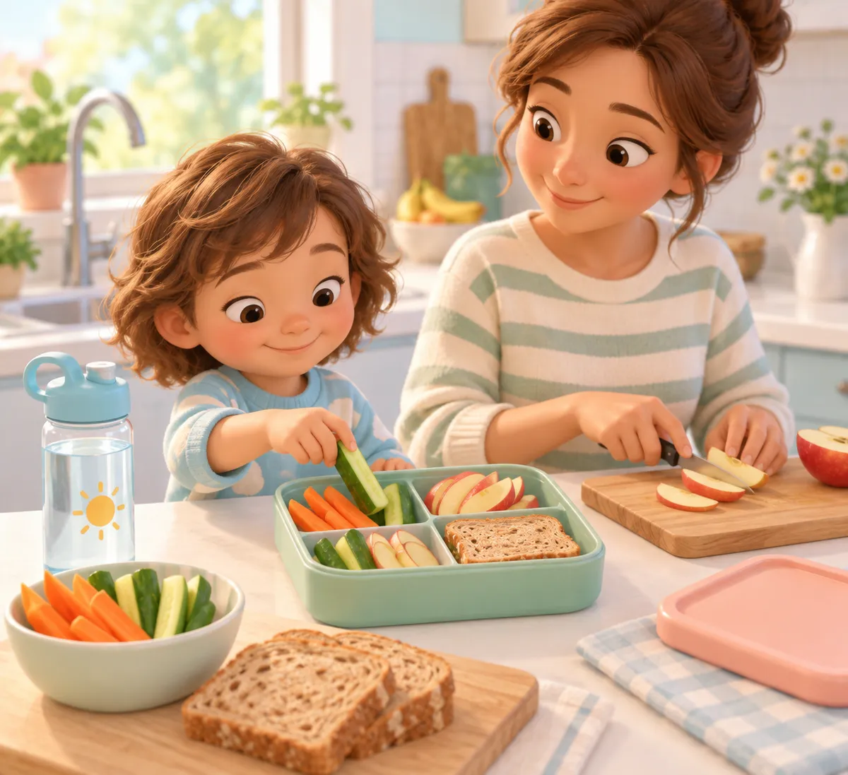 Une mère et un enfant préparent un goûter avec fruits, légumes, pain et gourde dans la cuisine