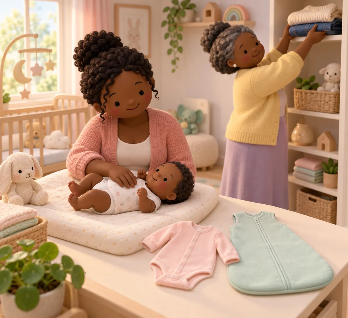 Une femme s’occupe d’un bébé sur une table à langer, avec des vêtements et une gigoteuse au premier plan