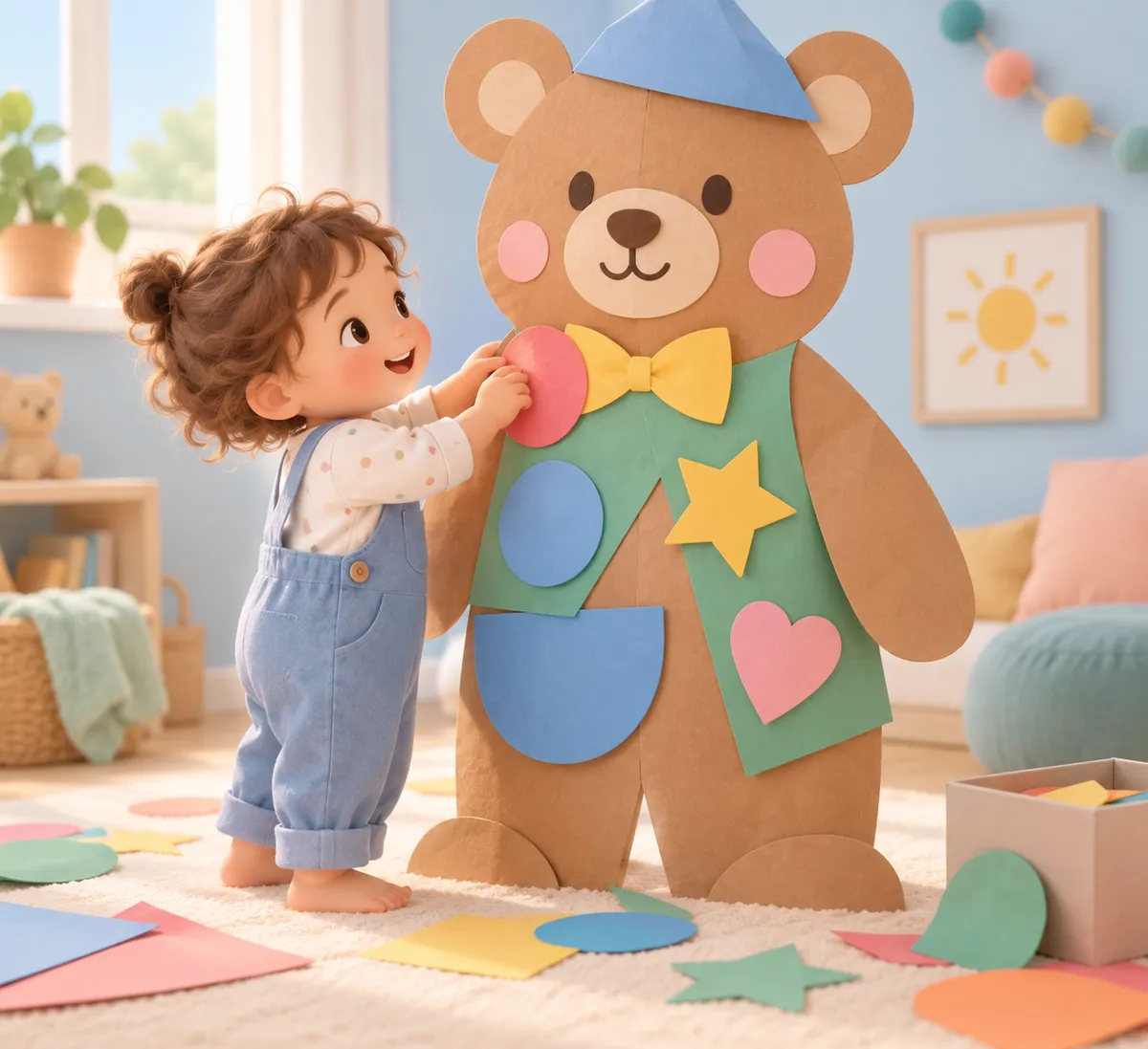 Un enfant habille un grand ours en papier avec des formes colorées dans une chambre