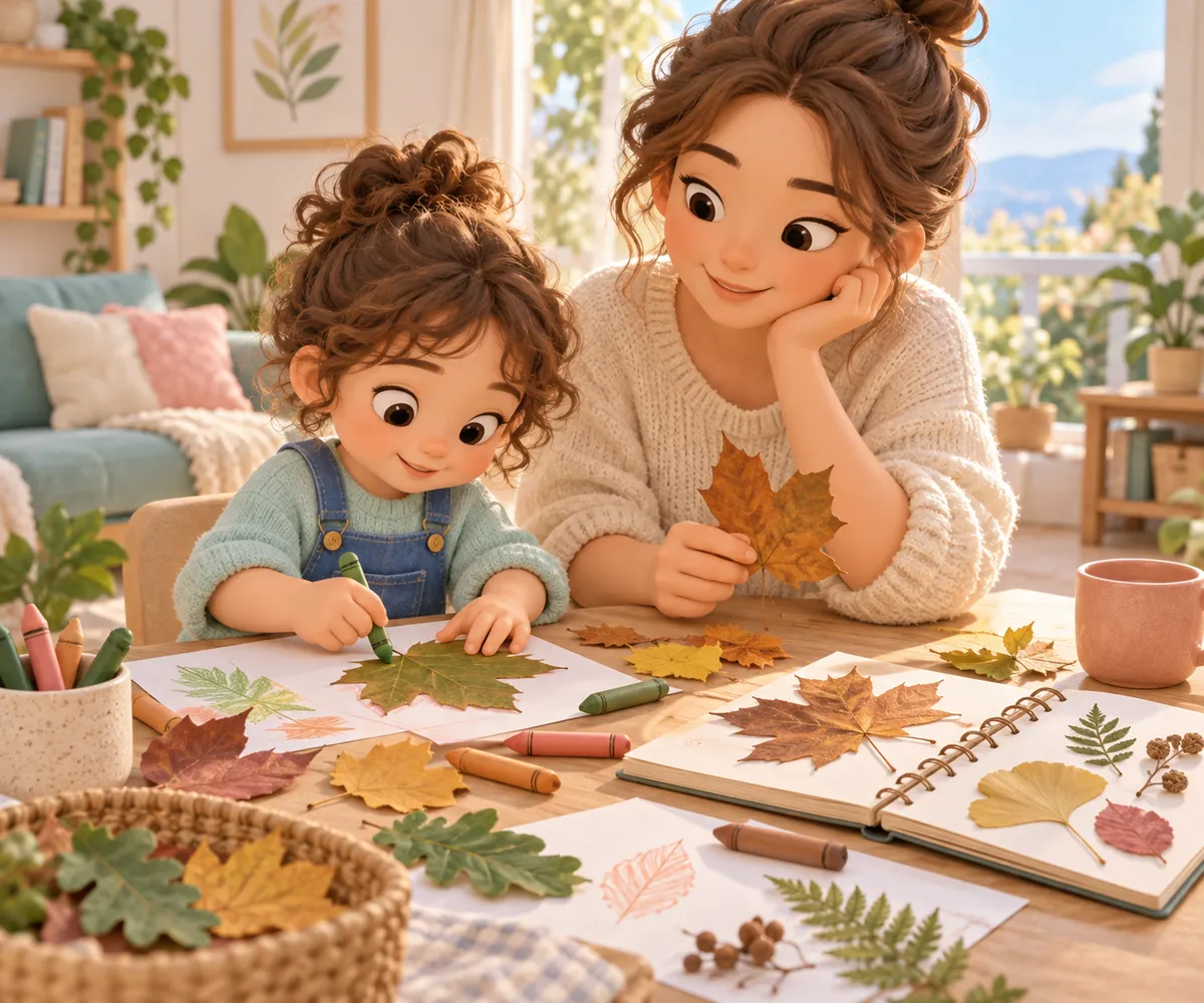 Une femme et une petite fille composent un herbier avec des feuilles et des crayons autour d’une table