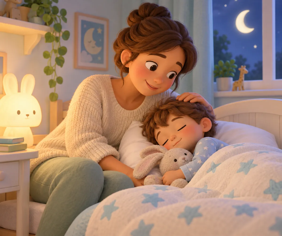 Une mère veille sur un enfant endormi dans son lit, qui tient une peluche, dans une chambre éclairée le soir