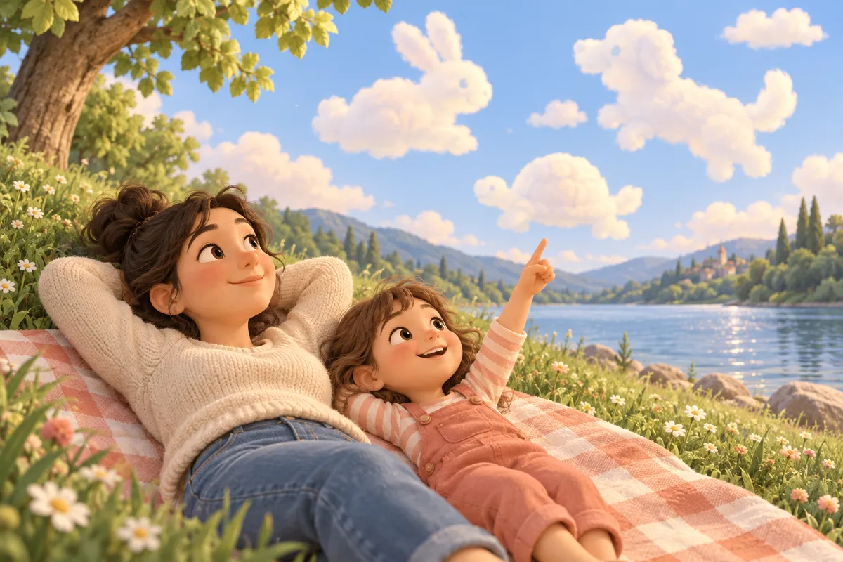 Une mère et une enfant allongées sur une couverture observent un nuage en forme de lapin au bord d’un lac