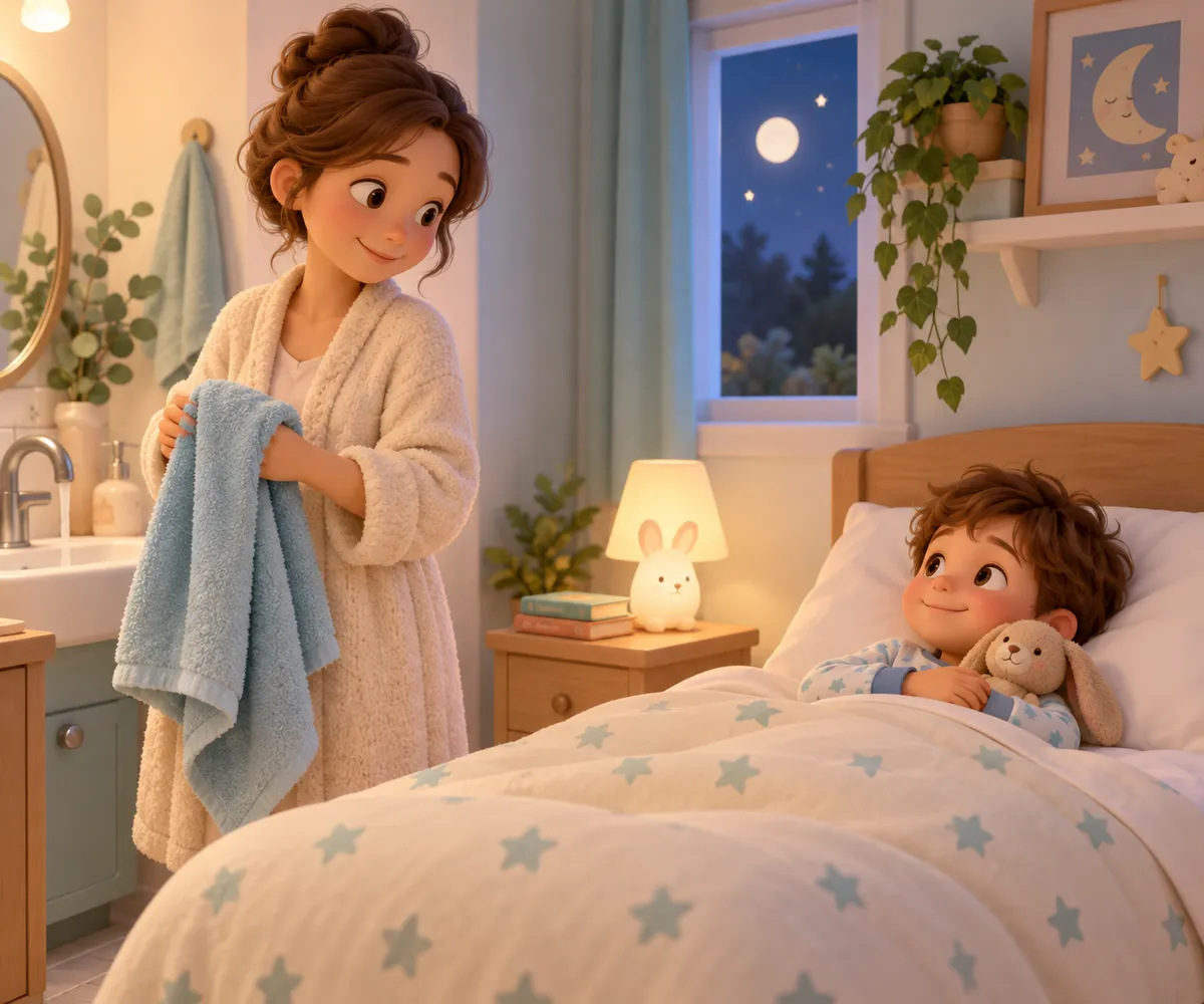 Une mère en peignoir tient une serviette près d’un enfant couché dans un lit avec son doudou