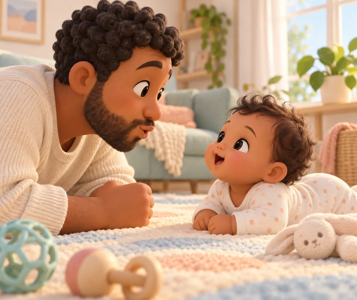 Un père et un bébé se font face au sol, la bouche ouverte, entourés de jouets