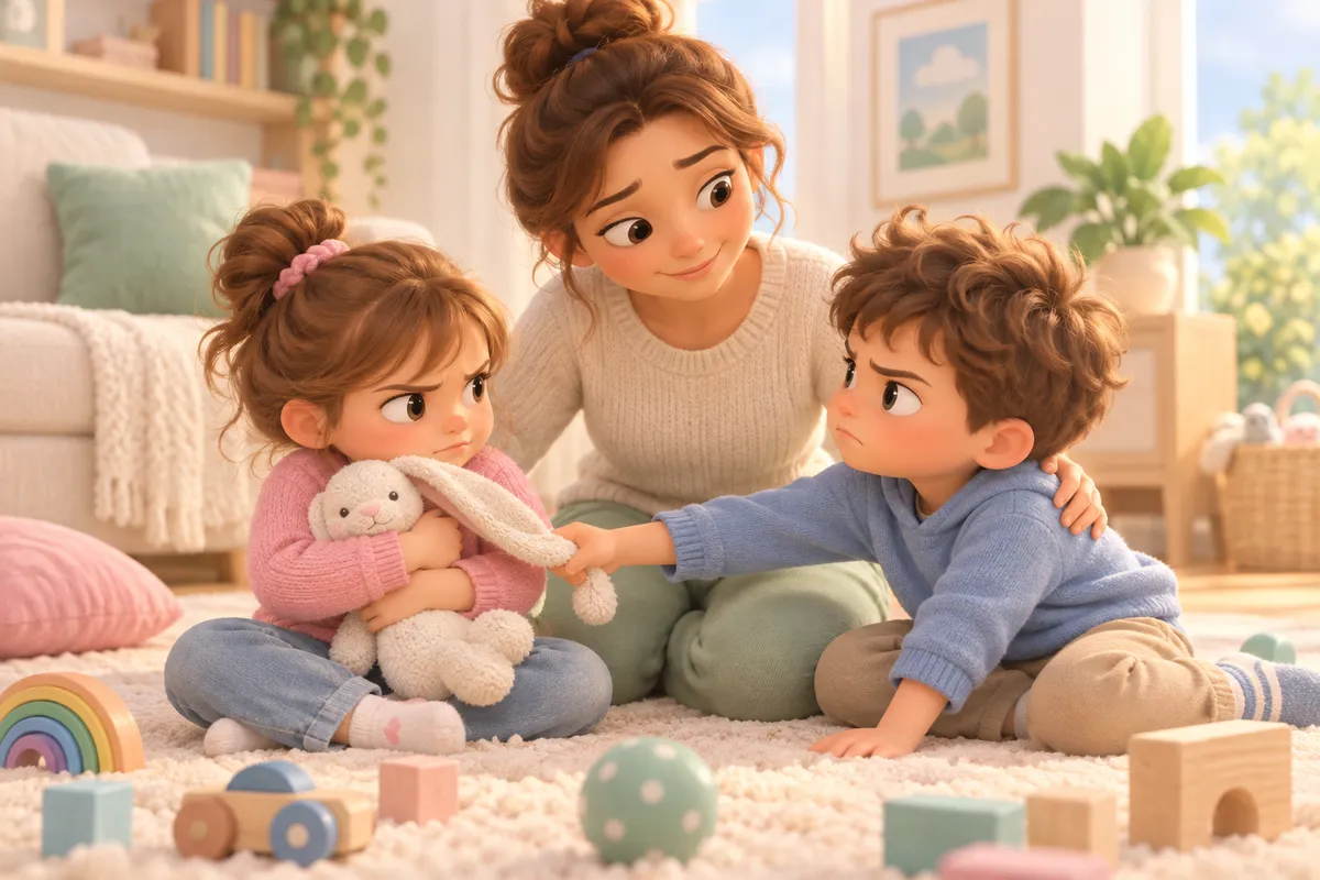 Une mère intervient entre deux enfants qui se disputent un doudou dans une chambre remplie de jouets