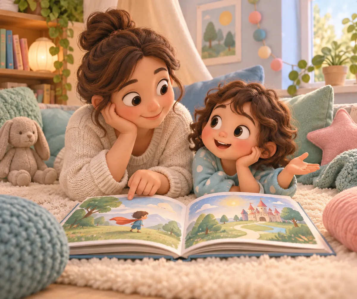 Une femme et une fillette regardent un livre illustré ouvert et imaginent ensemble la suite de l’histoire