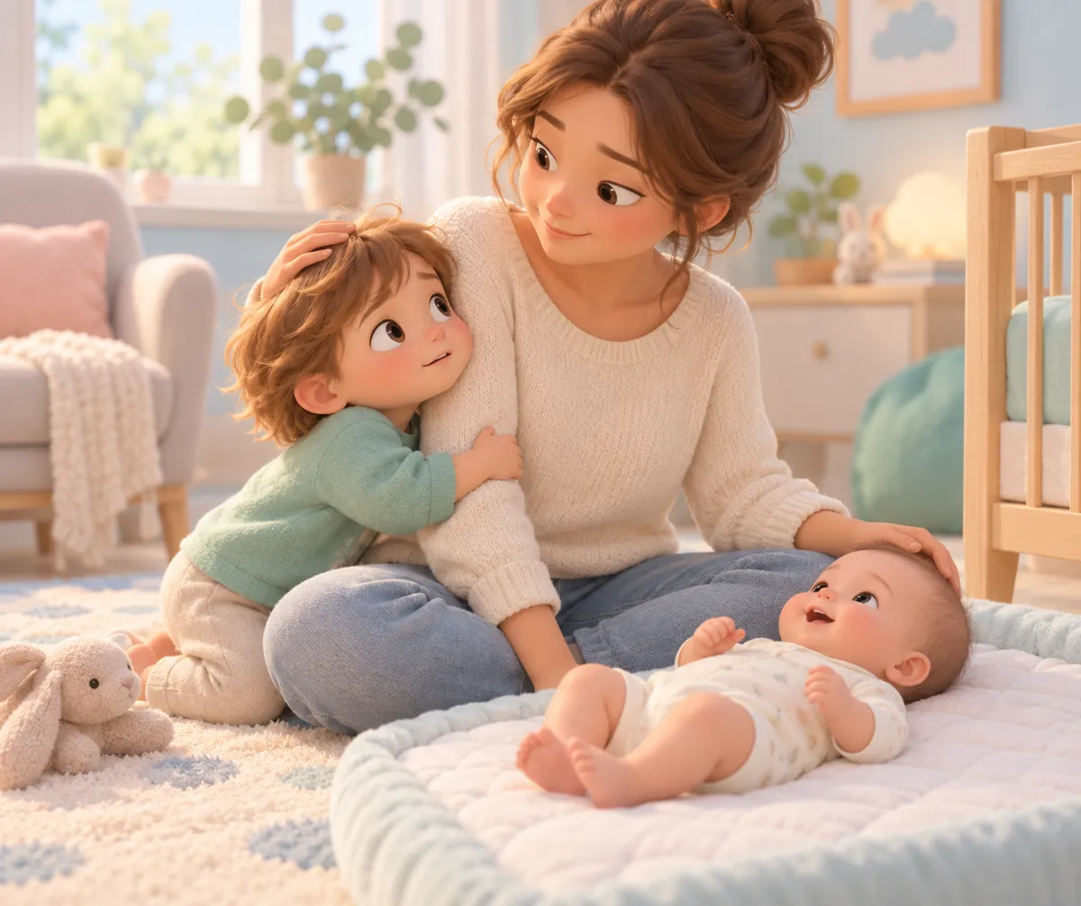 Une mère accompagne son jeune enfant près d’un bébé allongé dans un couffin à la maison