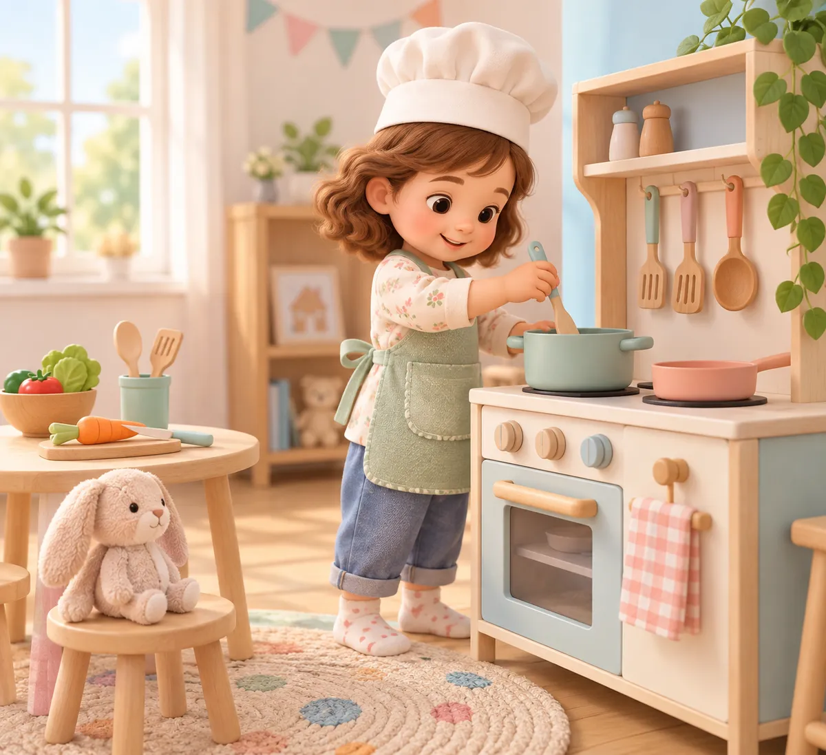 Une enfant coiffée d’une toque joue à cuisiner avec une dinette, une casserole et des légumes