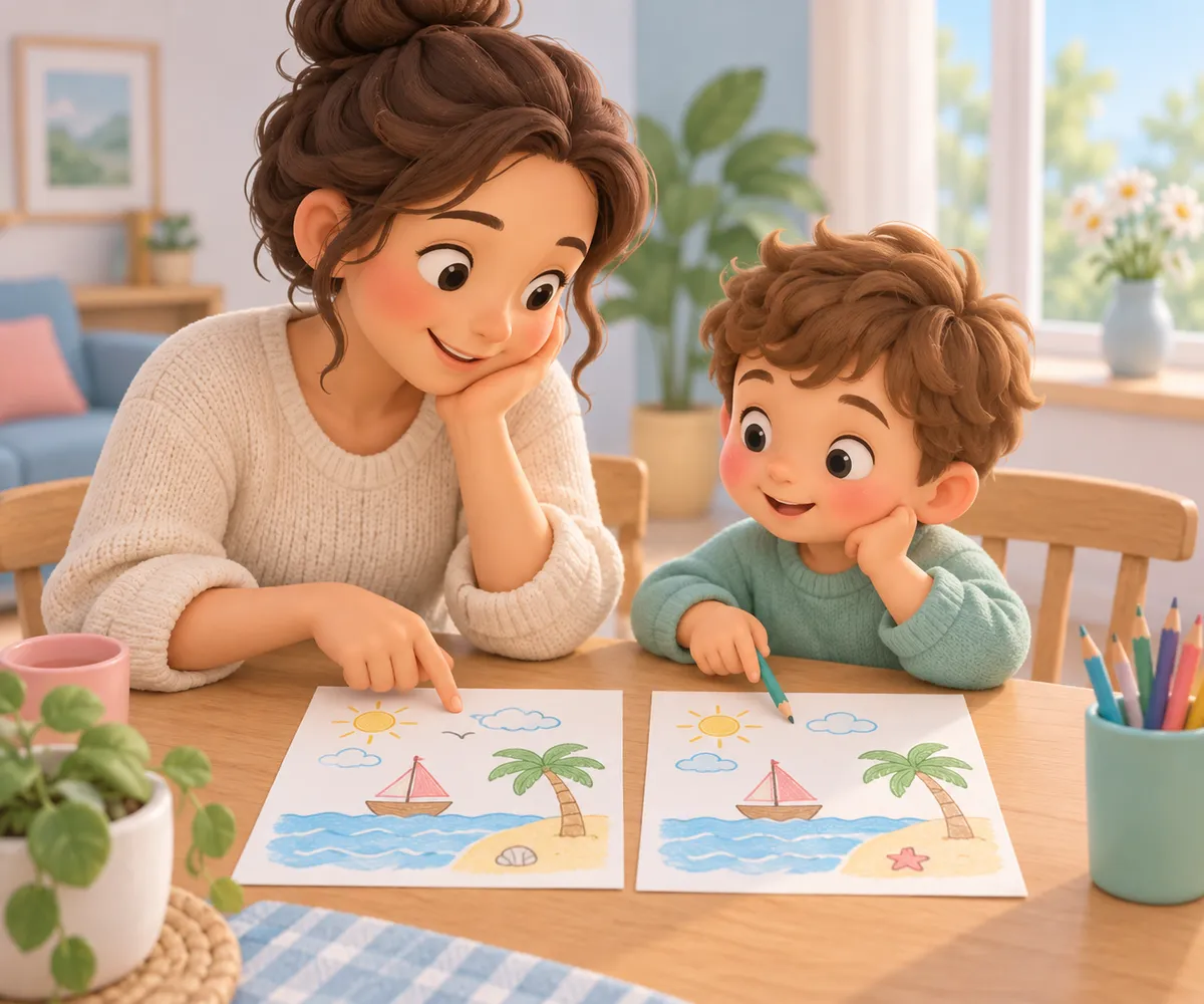 Une femme et un enfant comparent deux dessins de plage à table pour y chercher cinq différences