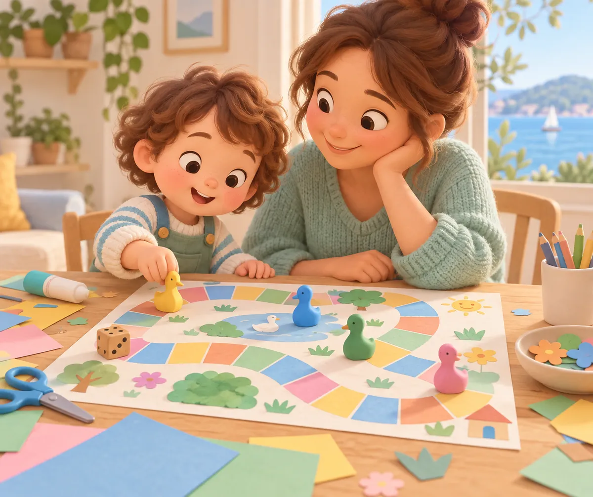 Un enfant et une femme jouent sur un parcours de jeu de l’oie coloré, entourés de pions et de matériel créatif
