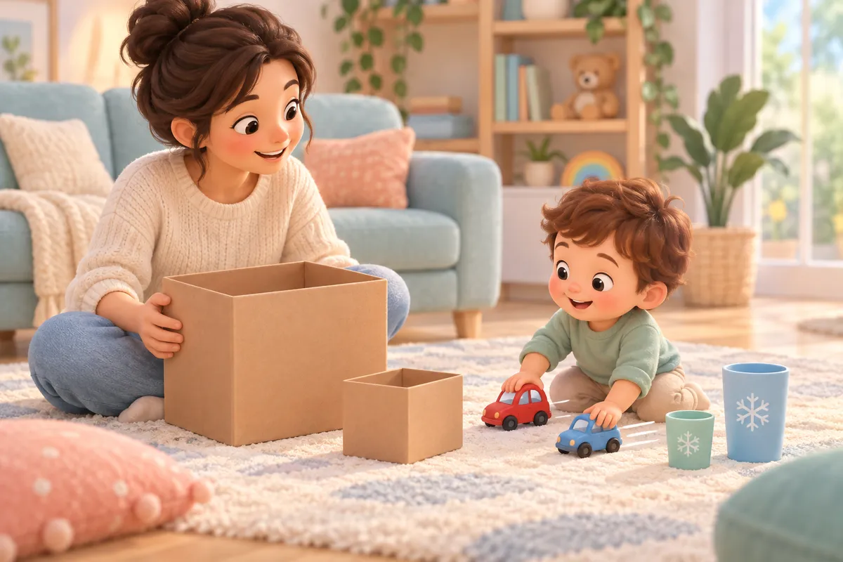 Une mère et son enfant jouent au sol avec de grandes et petites boîtes, deux voitures et des gobelets