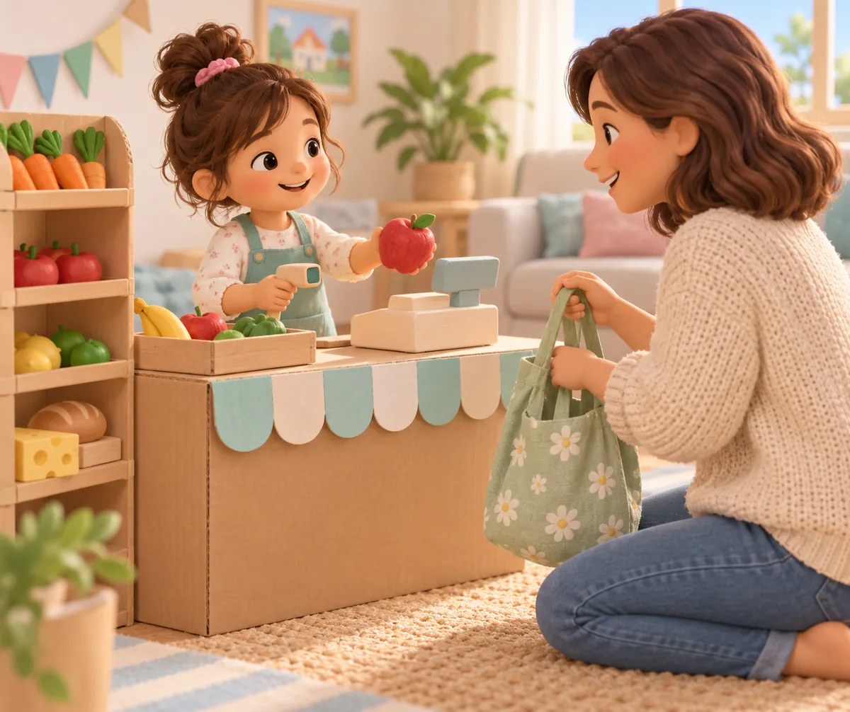 Une enfant joue à la marchande avec une adulte, des aliments factices et une caisse en carton