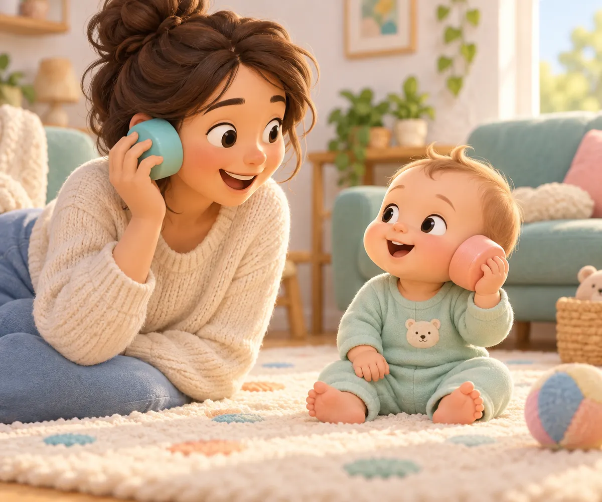 Une mère et son bébé assis sur un tapis se parlent avec des combinés de téléphone jouet colorés
