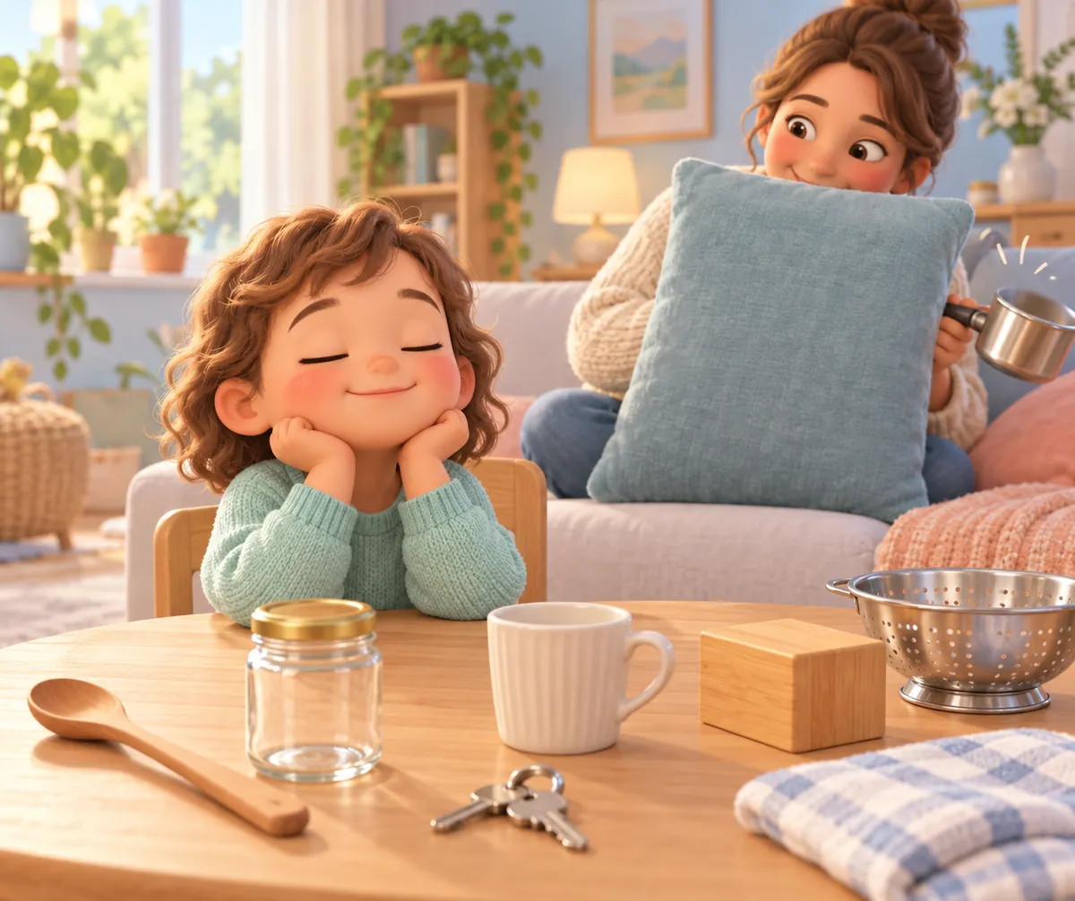 Une enfant ferme les yeux tandis qu’une adulte agite une tasse métallique derrière un coussin, dans le salon