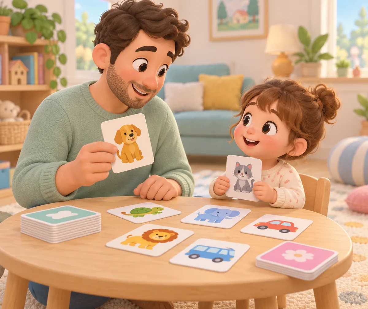 Un père et une fillette jouent aux familles avec des cartes illustrées d’animaux et de véhicules autour d’une table