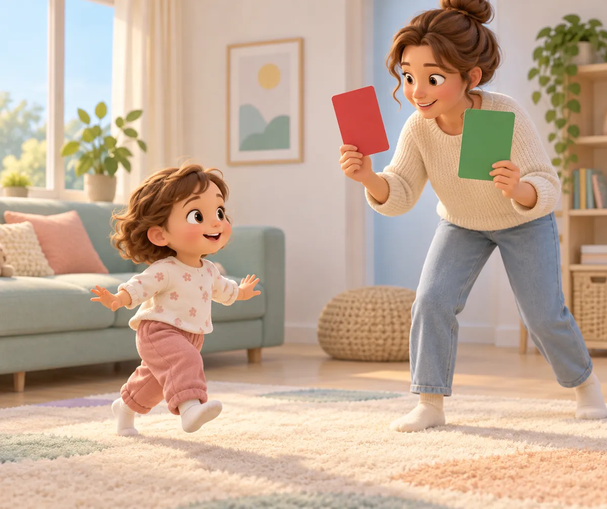 Un enfant avance sur un tapis tandis qu’un adulte lui montre des cartes rouge et verte dans le salon