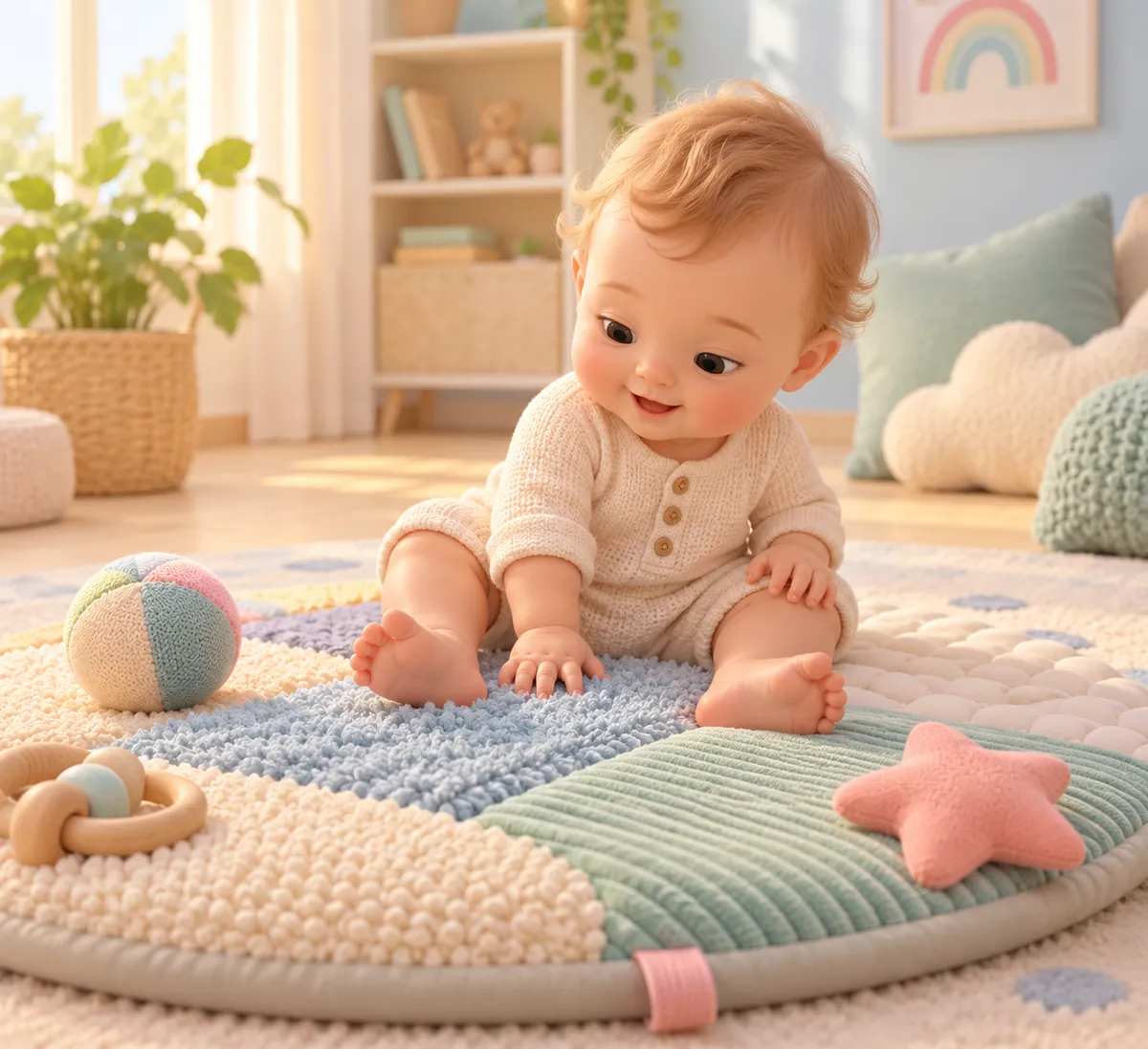 Bébé assis sur un tapis d’éveil doux, touche le sol avec ses mains, entouré d’une balle et de jouets