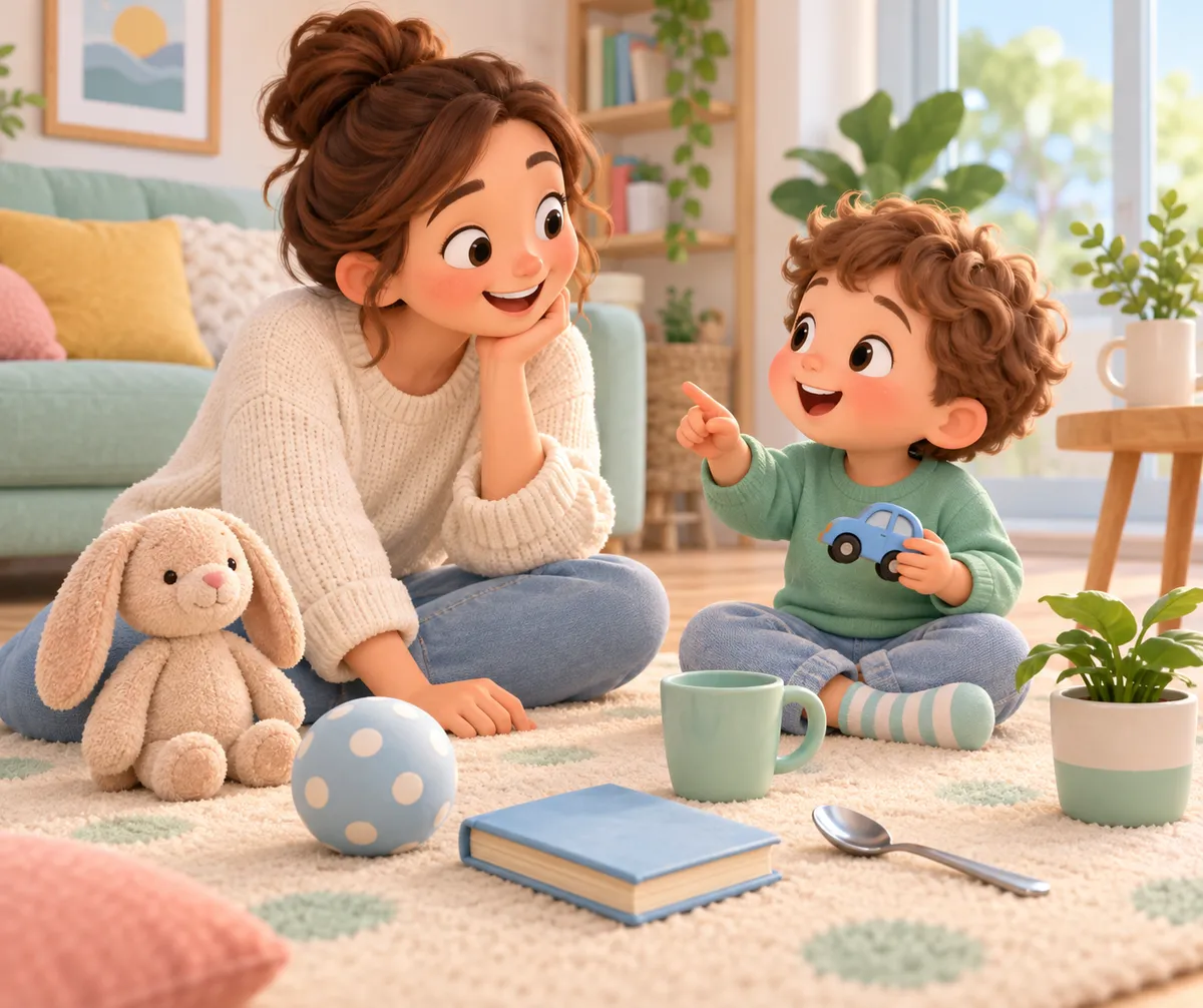 Une adulte et un enfant jouent au sol avec une voiture, entourés d’un doudou, d’un livre et d’objets du quotidien