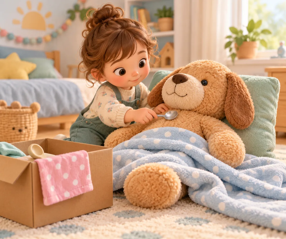 Une petite fille s’occupe d’une peluche chien avec une cuillère, sous une couverture dans une chambre