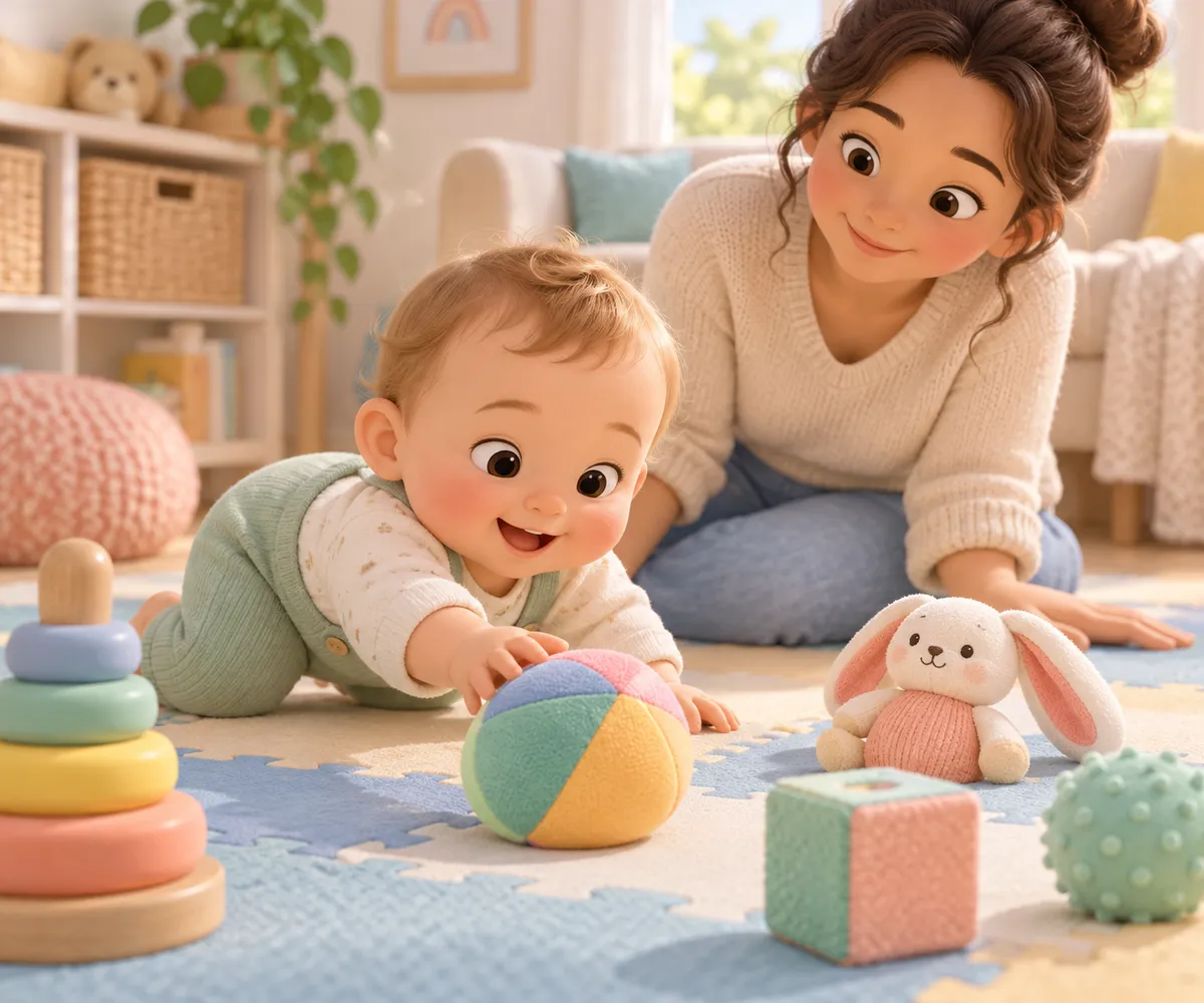 Un bébé à quatre pattes tente d’attraper une balle colorée sous le regard de sa mère, parmi des jouets au sol