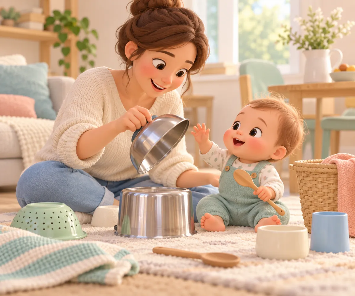 Une mère joue avec un bébé en faisant résonner des casseroles et des ustensiles dans le salon
