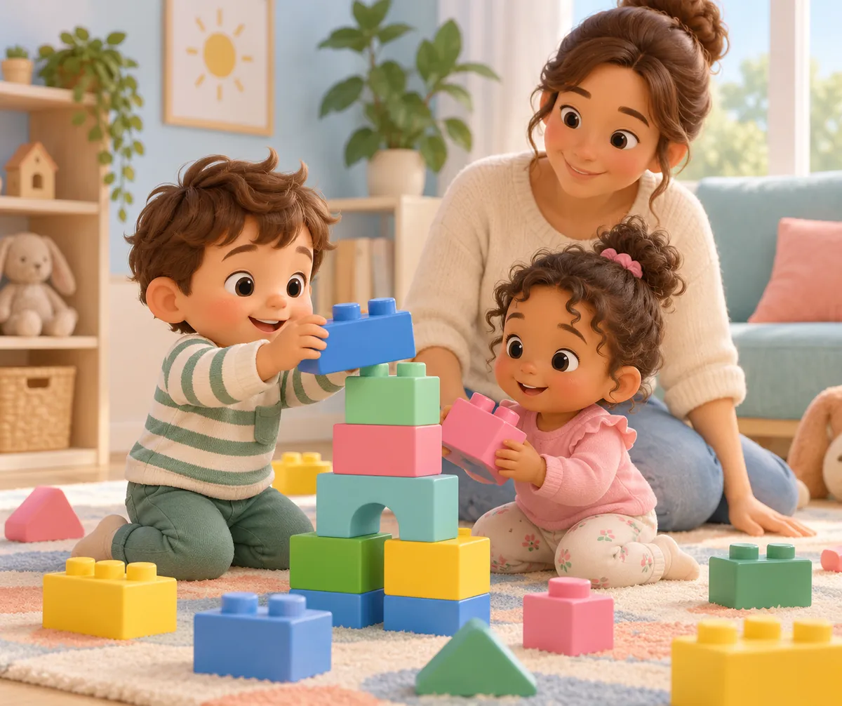 Un garçon et une fille assemblent des cubes colorés sous le regard d’une adulte dans un salon