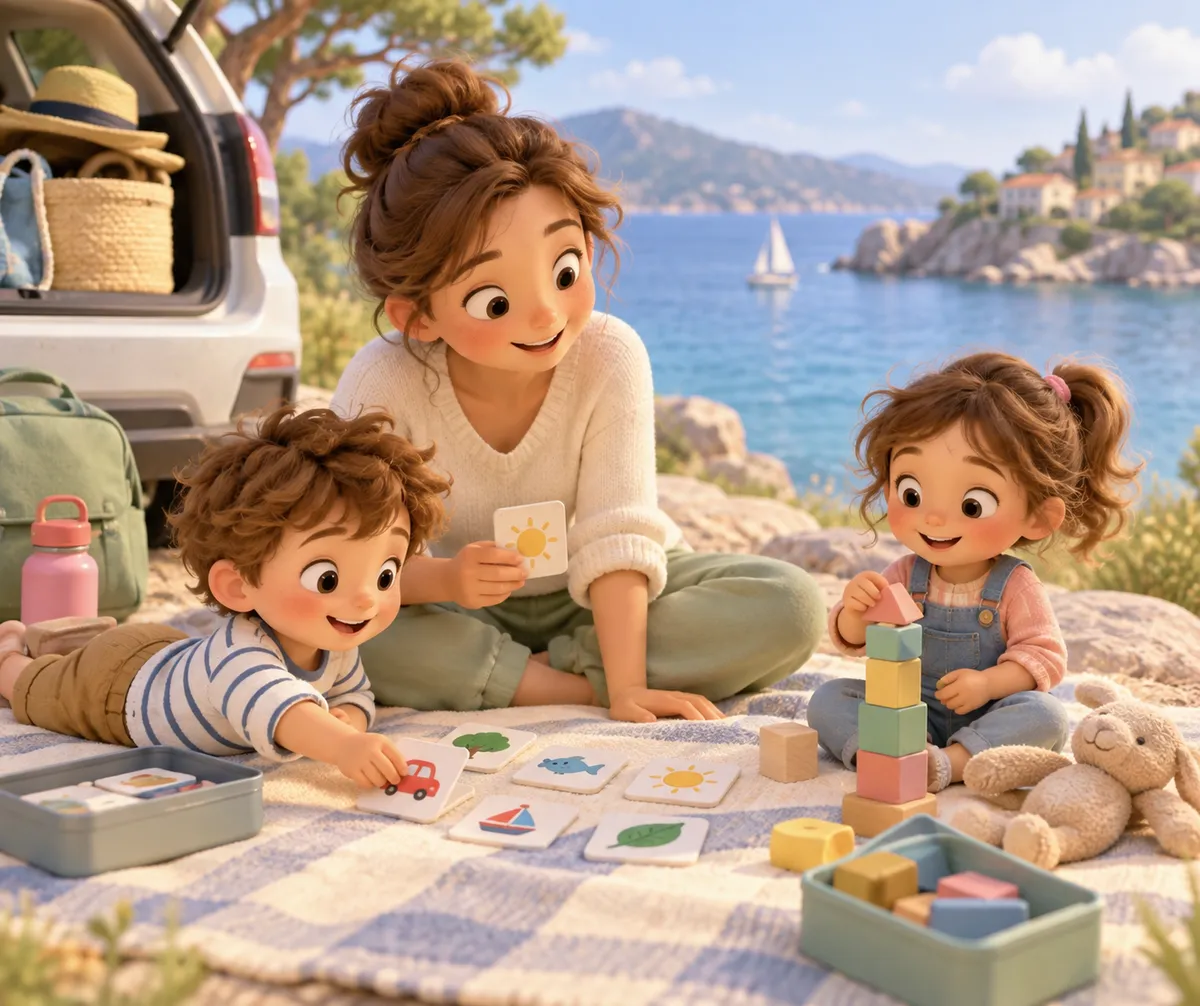 Une femme et deux enfants jouent avec des cartes et des cubes sur une couverture, près d’une voiture au bord de la mer