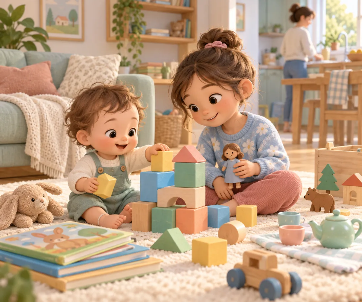 Deux enfants d’âges différents jouent ensemble avec des cubes en bois sur un tapis, entourés de jouets
