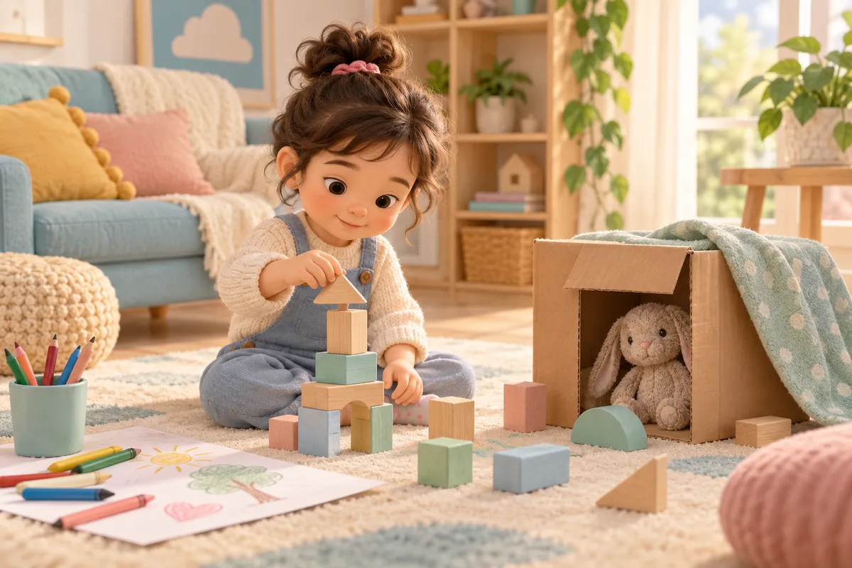 Une enfant joue seule avec des cubes en bois près d’une cabane en carton abritant un lapin en peluche
