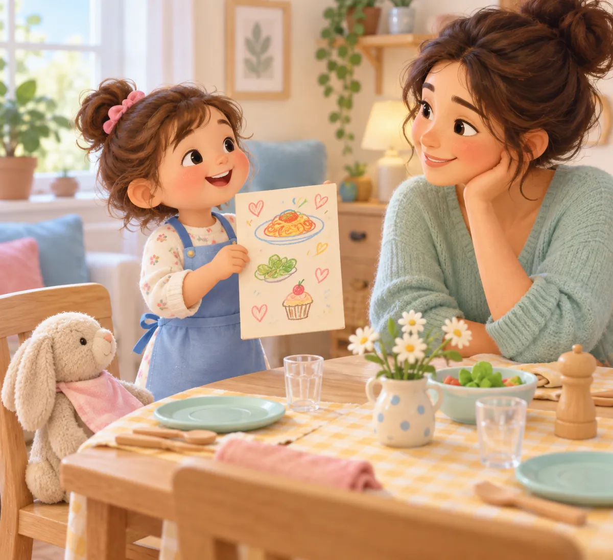 Une enfant montre à une femme une carte de menu dessinée devant une table dressée et un lapin en peluche